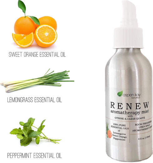 New Aromatherapy Spray, Renew, Refresh & Energize. Citrus Blend, Made with Pure Essential Oils. Room & Linen Spray, with Citrine & Quartz Crystals...