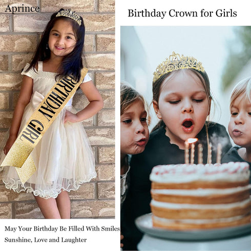 Aprince Birthday Crown & Sash Set, Rhinestone Tiaras and Crowns for Women Girls, Gold Tiara & Sash for Birthday, Prom Photoshoot...
