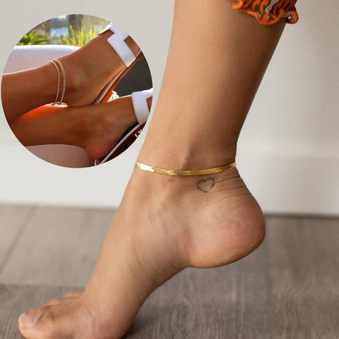 DEARMAY Gold Ankle Bracelets for Women Waterproof 3Pcs 14K Gold Plated Anklets Layered Cuban Link Chain Herringbone Dainty Cute Anklets Set Pack S...