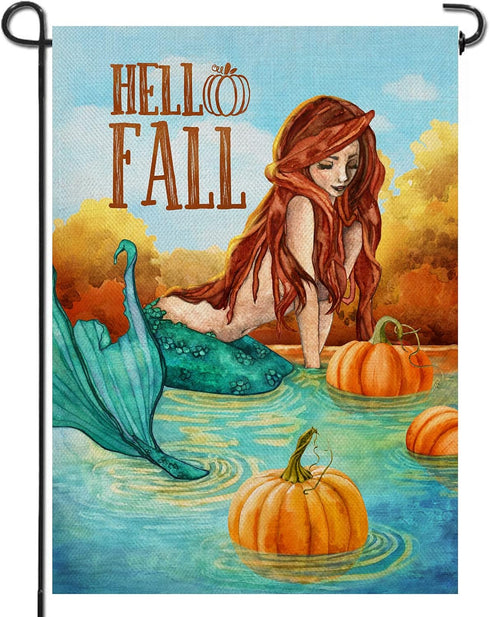 Hello Fall Lake Mermaid Home Decorative Garden Flag, Autumn Lakehouse Pumpkin Yard Lawn Outside Decor, Seasonal Outdoor Small Burlap Decoration Do...