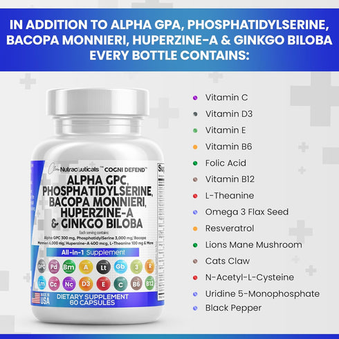 Clean Nutraceuticals Alpha GPC Choline 300mg Phosphatidylserine 3000mg Bacopa Monnieri 6000mg Ginkgo Biloba 2000mg Huperzine A 400mcg Supplement w...