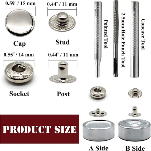 Raydodo 12 Set Leather Snap Fasteners Kit, 15mm Metal Snap Buttons Kit Press Studs with 4 Install Tools, Rivets and Snaps for Clothing, Jeans, Jac...