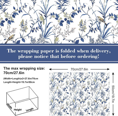 JarThenaAMCS 6 Sheet Bird Flower Wrapping Paper -Not Roll- Blue White Gift Wrap Paper Folded Flat DIY Art Craft Paper for Birthday Party Baby Show...