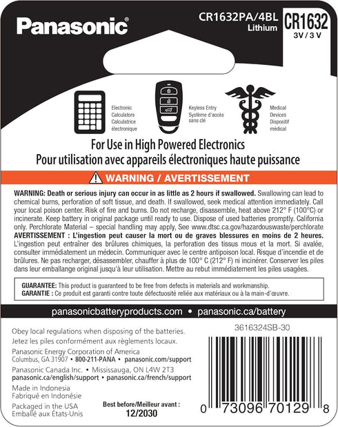Panasonic CR1632 3.0 Volt Long Lasting Lithium Coin Cell Batteries in Child Resistant, Standards Based Packaging, 4-Battery Pack...