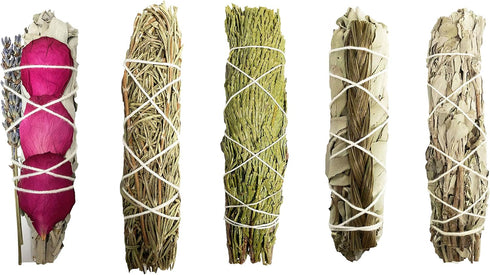 Smudge Sticks Sampler - 1 White Sage with Rose and Lavender, 1 Rosemary, 1 Cedar, 1 Sweetgrass White Sage and 1 Black Sage...