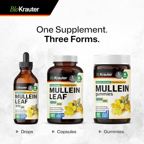 BIO KRAUTER Mullein Capsules for Lung Detox 1200 mg - 250 Count - Mullein Leaf Capsules for Respiratory Support - Vegan Lung Support Supplement - ...