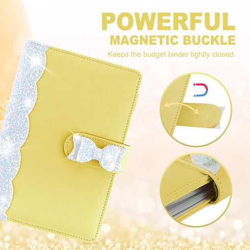 Onlyesh Budget binder, Shiny A6 Binder, Refillable 6 Ring Mini Binder for A6 Filler Paper, Leather Binder Cover with Magnetic Buckle Closure, Yell...