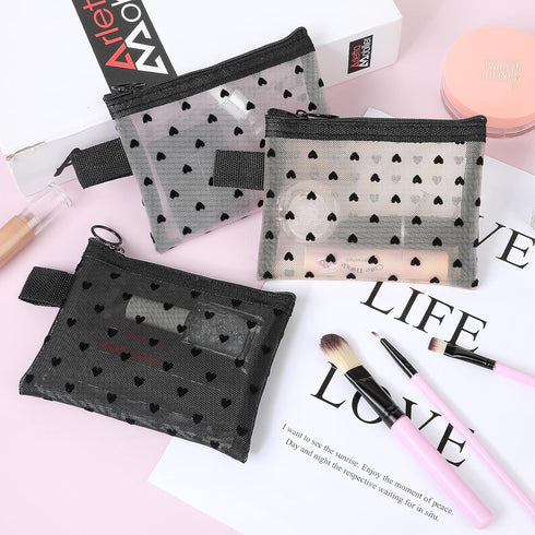 Small Mesh Zipper Pouches, 6 Pack Heart Print Mesh Makeup Bags, Mesh Cosmetic Bags Storage Pouch for Women, Makeup Lipstick Cosmetic Accessories O...