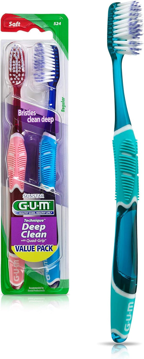GUM Technique Deep Clean Toothbrush - Full Head - Soft Toothbrushes for Adults with Sensitive Gums - Extra Fine Bristles, 2ct...