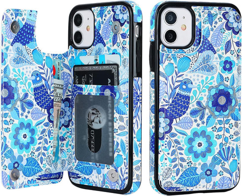 HAOPINSH for iPhone 11 Wallet Case with Card Holder, Blue Flower Bird Pattern Back Flip Case PU Leather Kickstand Card Slots Case for Women Girls,...