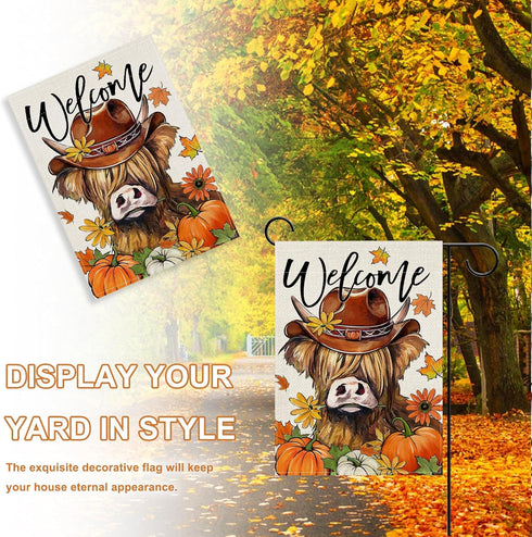 Welcome Fall Highland Cow Decorative Garden Flag, Autumn Farm Animal Pumpkin Maple Leaves Yard Outside Decorations, Thanksgiving Farmhouse Rustic ...