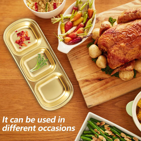 DOITOOL 2Pcs Stainless Steel Dipping Bowls,3 Compartment Appetizer Serving Tray,Soy Sauce Dish Serving Dishes Appetizer Plates for Soy Sauce, Ketc...