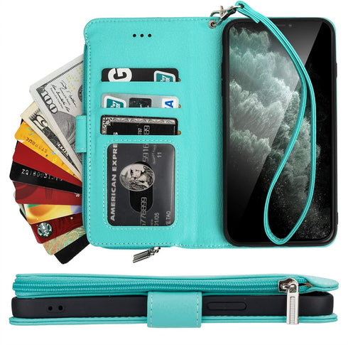 KIHUWEY Compatible with iPhone 12 Pro Max Wallet Case Premium Leather Zipper with Card Holder and Wrist Strap,Kickstand and Protective Lanyard Pur...