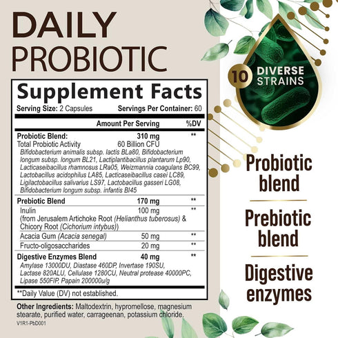 Daily Probiotics and Prebiotics 60 Billion CFU - 10 Diverse Strains for Digestion, Vaginal & Immune Health Support - Digestive Support for Men and...