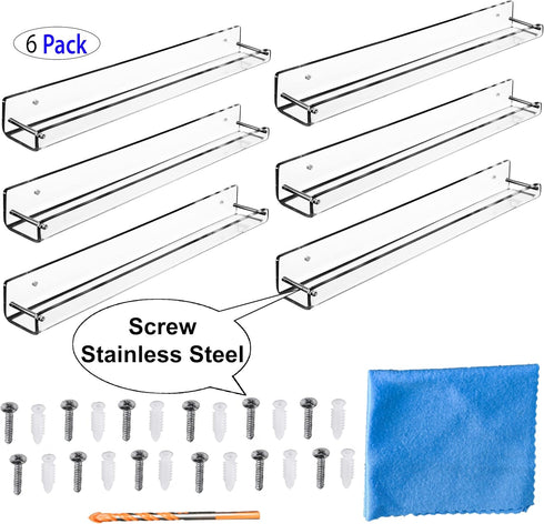 AMT 6 Pack Acrylic Floating Shelves, 15" L x 1.8" W, Clear Bathroom Wall Shelf, Bookshelves, Invisible Display for Office, Bedroom, Small Gap Allo...
