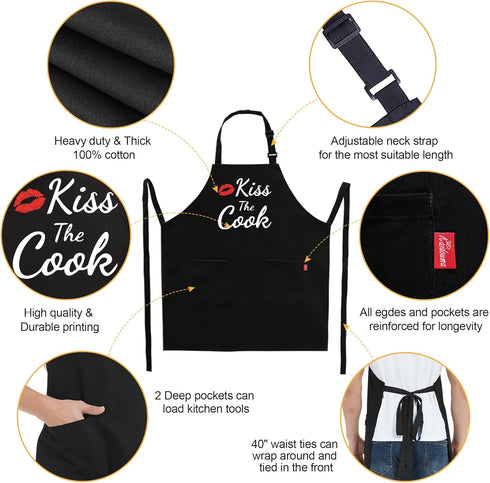 Funny Aprons for Women Men - Kiss the Cook Apron - Funny Chef Cooking BBQ Grill Aprons with 2 Pockets - Birthday Mothers Day Gifts for Mom, Wife -...