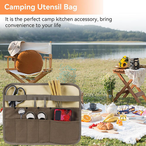 Camping Utensil Bag, Knife Roll Bag for Chefs Canvas Roll Up Culinary Bag Tableware Storage Hanging Bag Multi-purpose Knife Cover for Cooking, Cam...