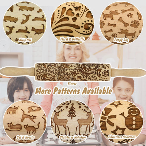 Embossed Rolling Pin for Baking, Cookie Embossing Rolling Pins with Flower Pattern Christmas Snowflake Paisley Wooden Engraved Dough Roller Clay P...
