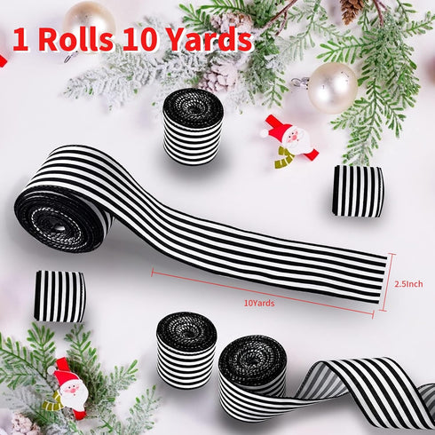 Ribbon for Crafts Wired - Black and white striped polyester Wired Ribbon, 10 Yards 2.5 Inch Wired Ribbon, Christmas Ribbon Wired, Craft Ribbon for...