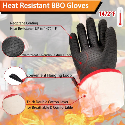 BBQ Gloves - 1472°F Thicken Heat Resistant Gloves w/S-Hook 14 in Kitchen Oven Mitts Waterproof Grill Gloves Oil Resistant Grilling Gloves Cooking ...