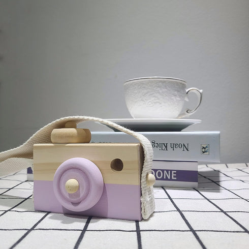 Baby Toy Wooden Mini Camera Toy, Kid Cute Mini Sharpe Toy Neck Hanging Photographed Props for Toddlers Children Kids' Room Hanging Decor Gift (Pur...
