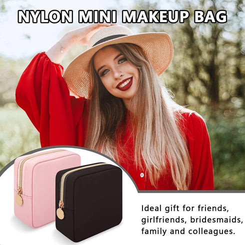 Iqimott Nylon Mini Makeup Bag, Preppy Small Cosmetic Bag Compact Make up Pouch Toiletry Bag, Waterproof Zipper Purse Travel Coin Pouch Sanitary Na...