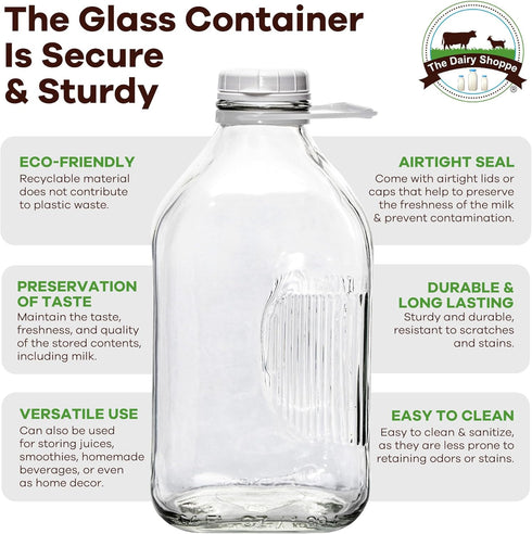 The Dairy Shoppe Heavy Glass Milk Bottle - Jug with Lid and Silicone Pour Spout - Clear Milk Container for Fridge - Reusable Glass Milk Jug Dispen...