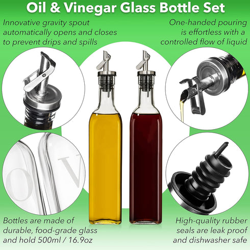 GREENOLIVE Olive Oil and Vinegar Dispenser Set - 17 oz. Glass Bottles with No-Drip BPA-Free Spouts - Stylish O and V Identifiers for Kitchen and D...
