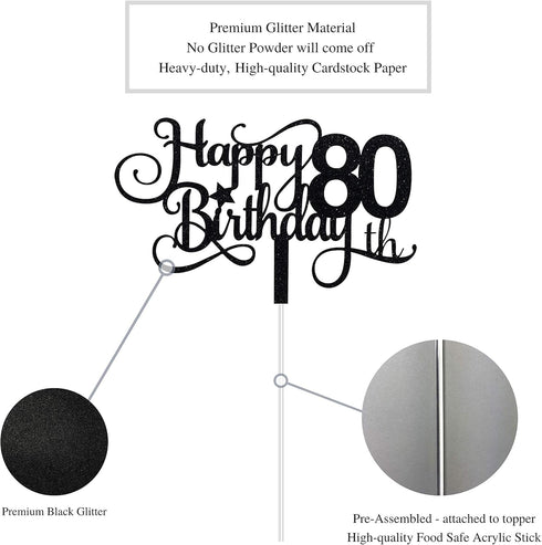 Black Glitter 80th Birthday Cake Topper, Happy 80th Birthday Cake Topper, 80th Birthday Party Decorations...