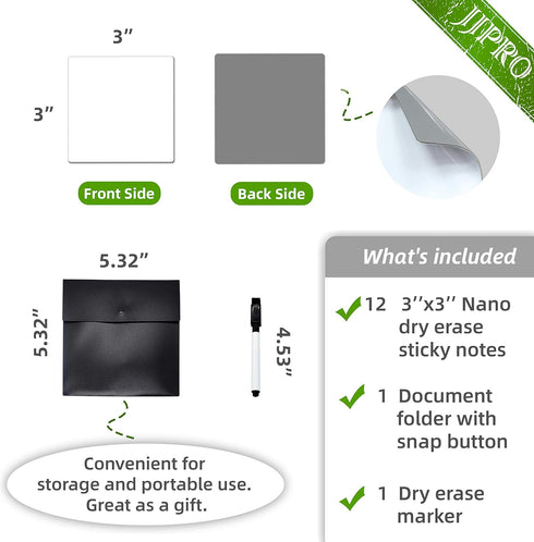 Dry Erase Sticky Notes. Reusable Whiteboard Stickers 3"x3" 12 Pack. Suitable for All Smooth Surface. Great for Labels, Lists, Reminders and Decals...
