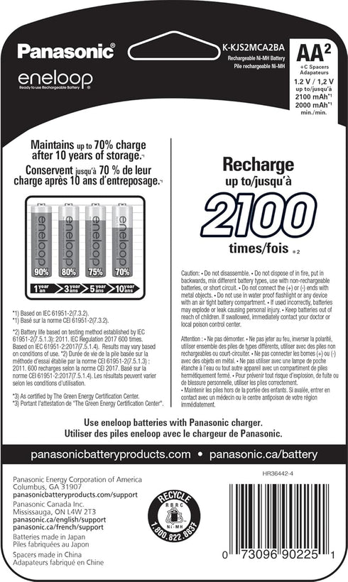 Eneloop Panasonic K-KJS2MCA2BA C Size Battery Adapters AA 2100 Cycle Ni-MH Pre-Charged Rechargeable Batteries, 2 Pack with 2 C Adapters...