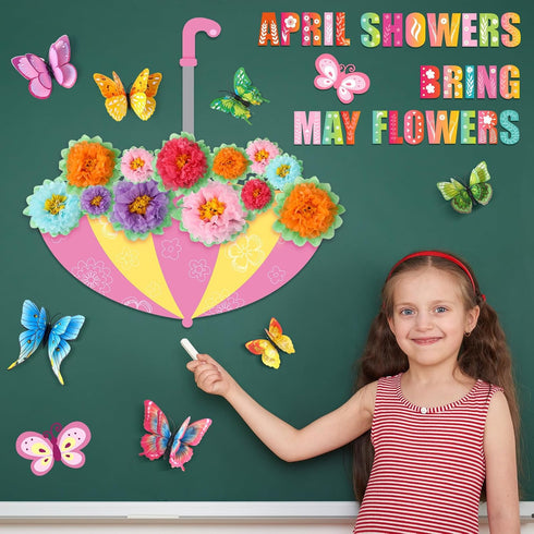 30 Pcs Spring Bulletin Board Decorations Flower Classroom Door Decorations April Showers Bring May Flowers Decorations with Paper Flowers Butterfl...