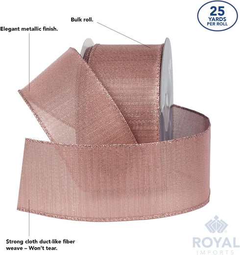 Royal Imports Metallic Christmas Ribbon Wired, Rose Gold, 2.5"(#40) Holiday Design for Bow Making, Gift Wrapping, Wreaths, 25 Yd Roll (75 FT Spool...