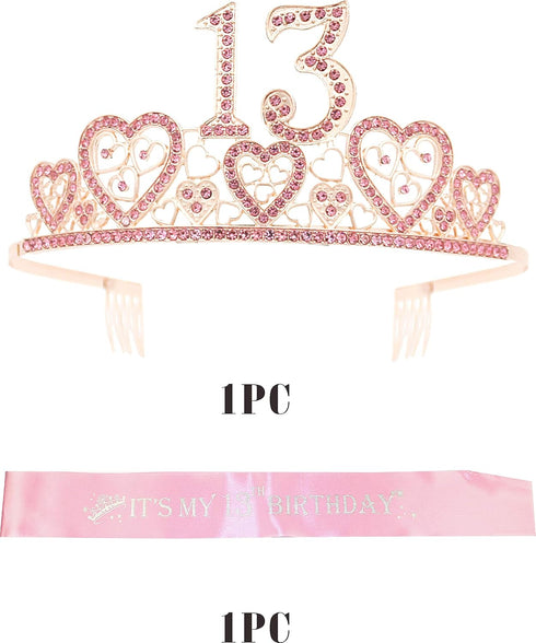 VeryMerryMakering 13th Birthday Sash and Tiara for Girls - Fabulous Set: Glitter Sash + Hearts Rhinestone Pink Premium Metal Tiara, Gifts for Teen...