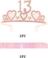 VeryMerryMakering 13th Birthday Sash and Tiara for Girls - Fabulous Set: Glitter Sash + Hearts Rhinestone Pink Premium Metal Tiara, Gifts for Teen...
