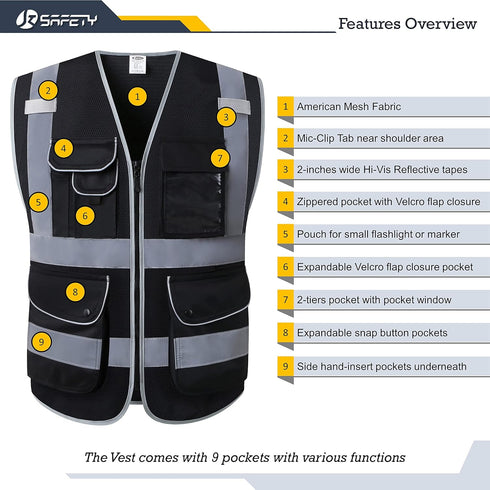 JKSafety 9 Pockets High Visibility Safety Vest for Men and Women, Hi-Vis Reflective Black Safety Vests with Zipper Front, Meet ANSI/ISEA Standards...