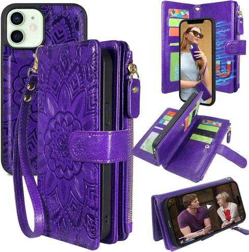 Harryshell Compatible with iPhone 12 / iPhone 12 Pro Case Wallet Detachable Magnetic Zipper Leather Cash Pocket with 12 Card Slots Holder Wrist St...