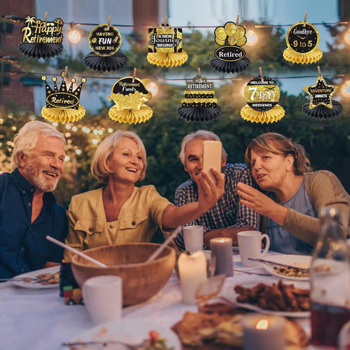 10Pcs Happy Retirement Decorations Table Honeycomb Centerpieces Party Supplies, Black Gold Retirement Adventure Awaits Table Centerpieces for Wome...