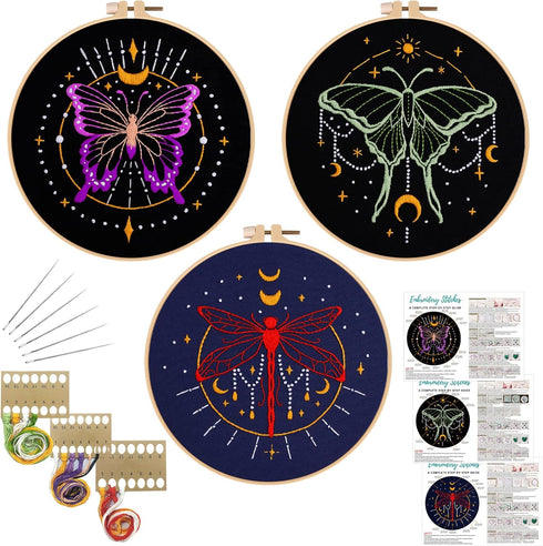Louise Maelys 3 Set Tarot Embroidery Kits for Beginners with Moon Butterfly dragonfly and moth pattern,Adults Starter Cross Stitch Kit DIY Needlep...