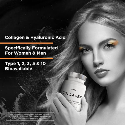 Amen Multi Collagen Peptides Capsules with Hyaluronic Acid and Vitamin C - 5 Types of Collagen Protein Type I, II, III, V, X - Grass Fed Hydrolyze...