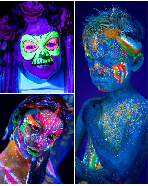 14 Pcs Glow in the Dark Face Paint, Creamify Black Light Neon Face & Body Paint, Halloween Masquerade Makeup Sticks, Fluorescent Crayons Kit for K...
