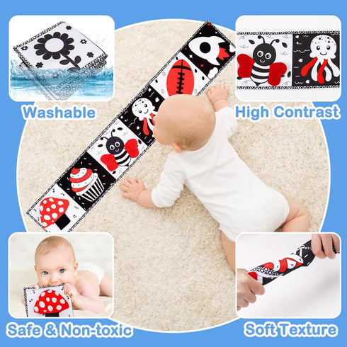 Black and White High Contrast Toys for Baby 0-3 3-6 months Infant Tummy Time Soft Book Sensory Musical Toy 0-2-4-6 month Babies Brain Development ...