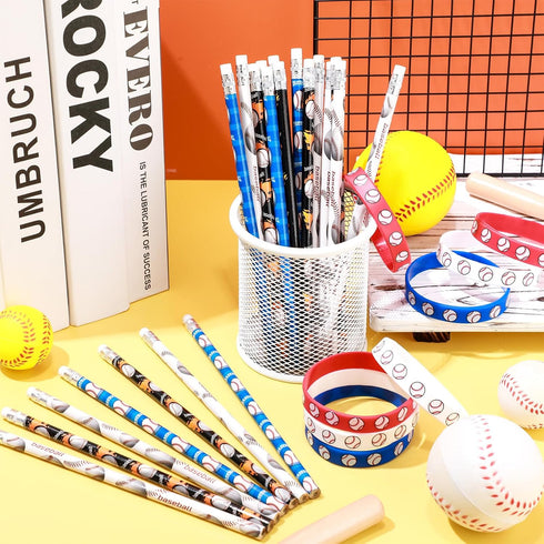 Sabary 48 Pcs Sports Pencils Silicone Bracelets Set Soccer Football Basketball Baseball Wooden Pencil Rubber Wristbands for Students School Classr...