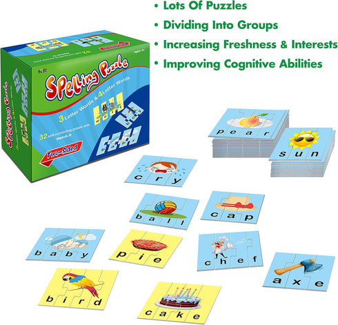 72 Word Spelling Puzzles with Error-Correction Mechanism in 3 and 4 Pieces, Perfect for Preschool Learning (36 Blocks Double Sided)...