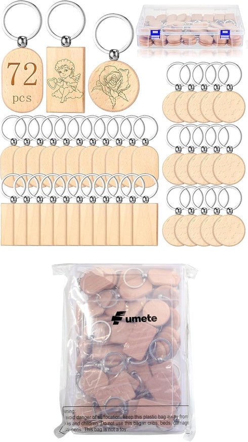 24 Pcs Wooden Keychain Blanks Wood Engraving Blanks Key Chain Unfinished Rectangle Oval Round Wood Key Tag with Plastic Storage Container for DIY ...