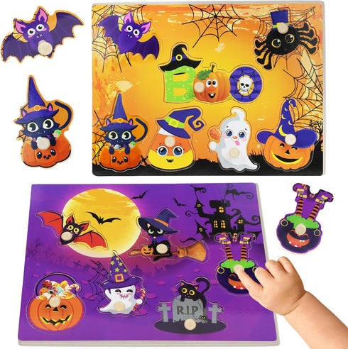 2Pcs Halloween Wooden Peg Puzzles, Halloween Toys for Toddlers Educational Puzzle Kids Halloween Party Favors Halloween Basket Stuffers Fillers Fa...