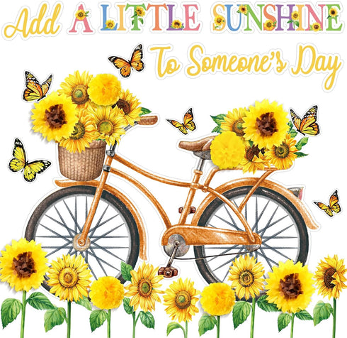 Summer Bulletin Board Decorations Set 3D Sunflowers Cutouts Bicycle Butterfly Leaves Paper Cutouts Classroom Decorations for Preschool Summer Home...