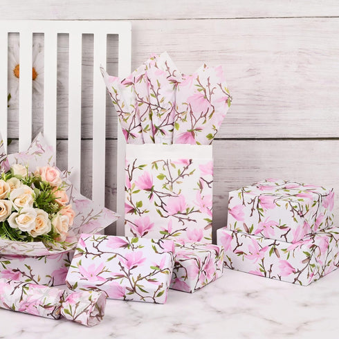 100 Sheets Pink Magnolia Flowers Printed Tissue Paper Floral Pattern and Leaves Art Decorative Tissue for Gift Wrapping Supplies...