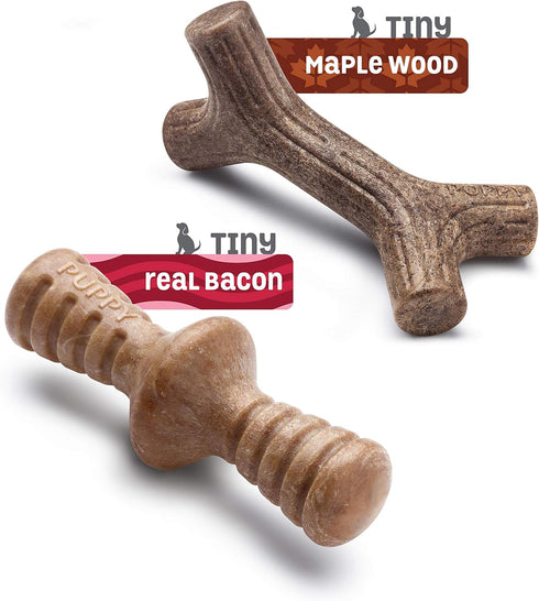 Benebone Puppy 2-Pack Maplestick/Zaggler Durable Dog Chew Toys for Gentle Chewers, Real Bacon, Real Maplewood, Made in USA, Tiny...