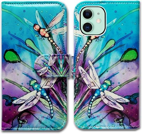 Case for iPhone 12 Mini, Cute Dragonfly Leather Flip Phone Case Wallet Cover with Card Slot Holder Kickstand for iPhone 12 Mini...